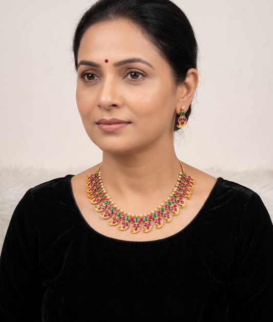 Gold tone Ruby-emerald Pearl Mango Necklace Set -dj09671