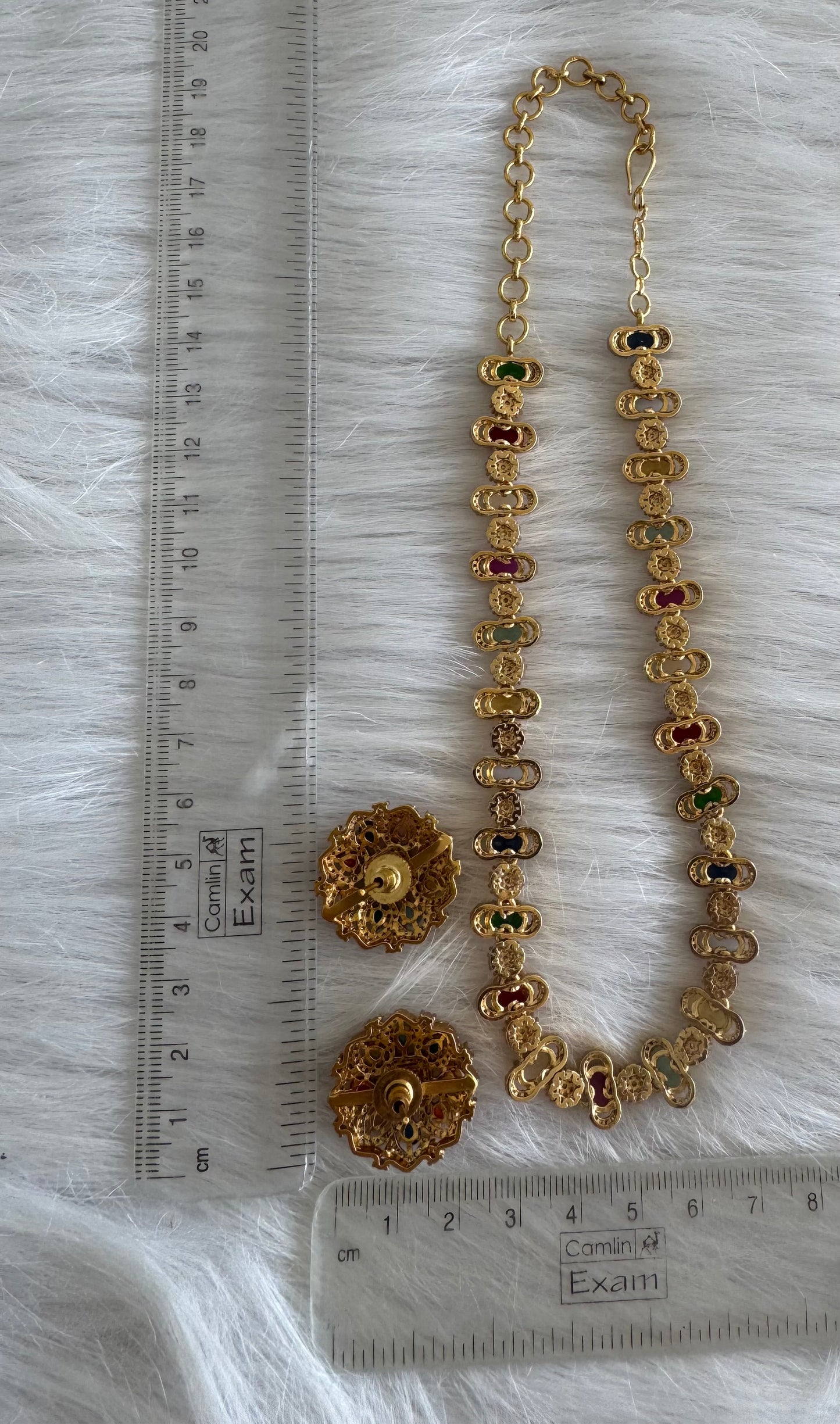 Matte finish cz navarathna stone flower necklace set dj-51208