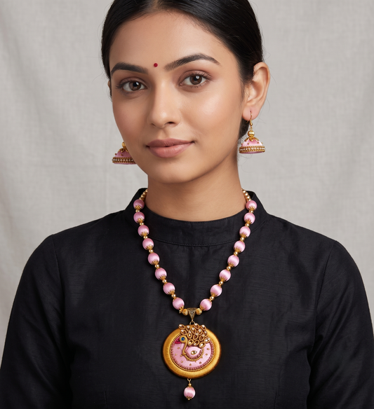 Gold tone Baby Pink Silk Thread Peacock Beaded Necklace Set -dj09744