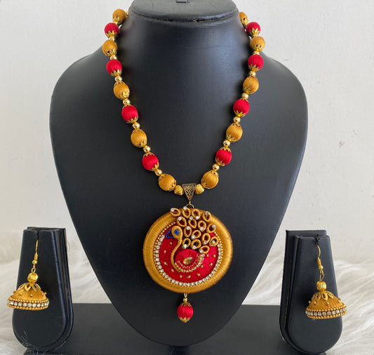 Gold tone red Silk Thread Peacock Beaded Necklace Set -dj09746