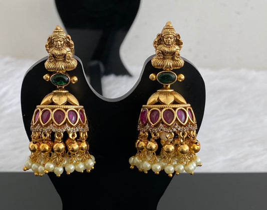 Antique gold tone kemp-green-white pearl lakshmi jhumkka dj-53592