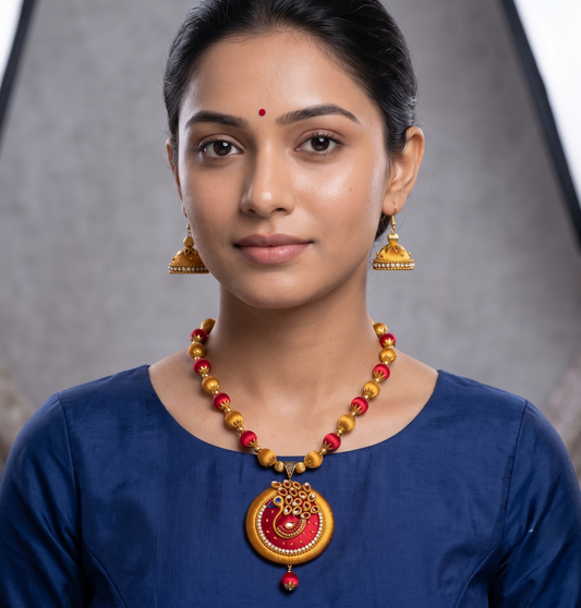Gold tone red Silk Thread Peacock Beaded Necklace Set -dj09746