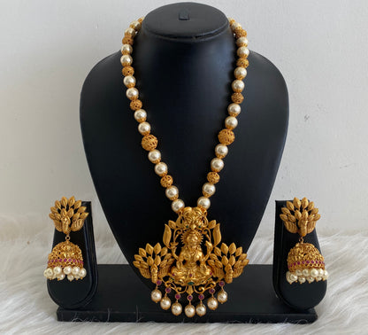 Matte finish emerald huge Lakshmi pendant pearl beaded haar set dj-09755