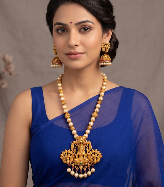 Matte finish emerald huge Lakshmi pendant pearl beaded haar set dj-09755