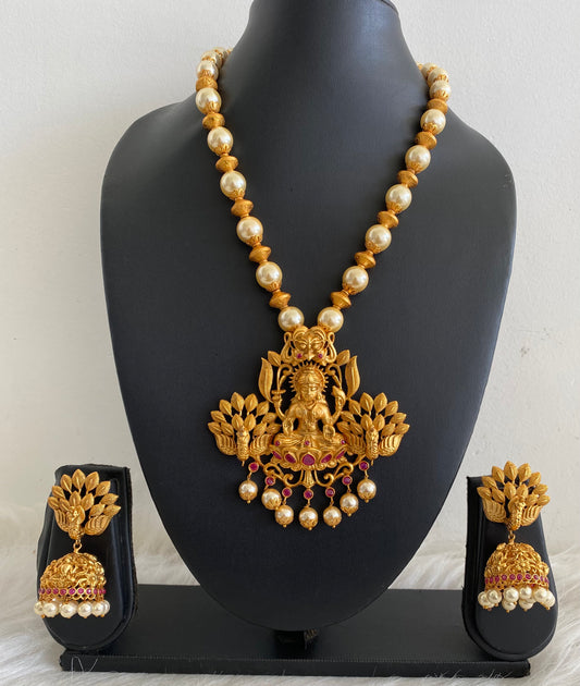 Matte finish ruby huge Lakshmi pendant pearl beaded haar set dj-09756