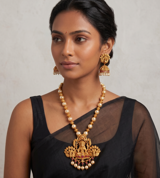 Matte finish ruby huge Lakshmi pendant pearl beaded haar set dj-09756