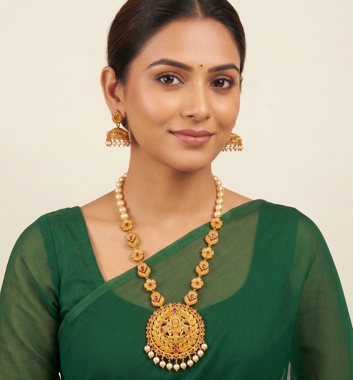 Matte finish ruby pearl beaded lakshmi short haar set dj-09782