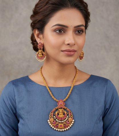 Matte Finish Ruby Big Bali Lakshmi Necklace Set-dj09785