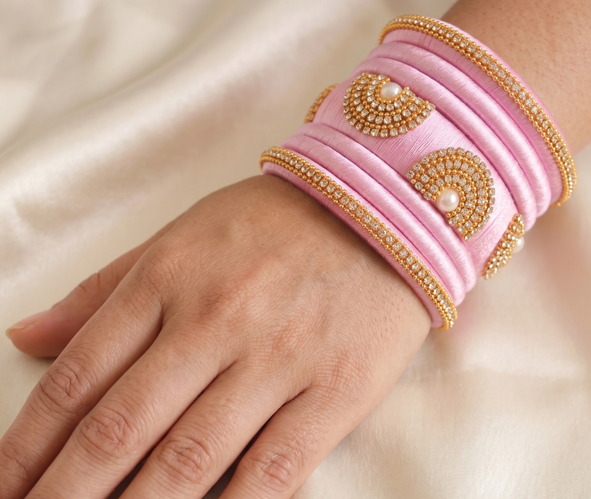 Gold tone Handmade Baby Pink Silk Thread Set of 7 Bangles(2.6) dj09805