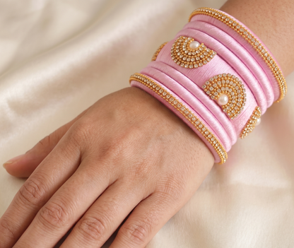 Gold tone Handmade Baby Pink Silk Thread Set of 7 Bangles(2.6) dj09805