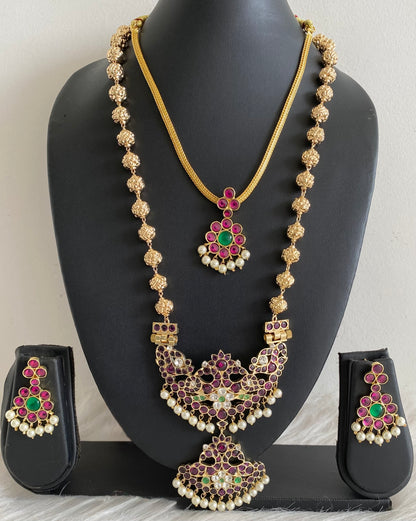Gold tone precious kemp-green-white pearl peacock nakshi beaded combo set dj-54942