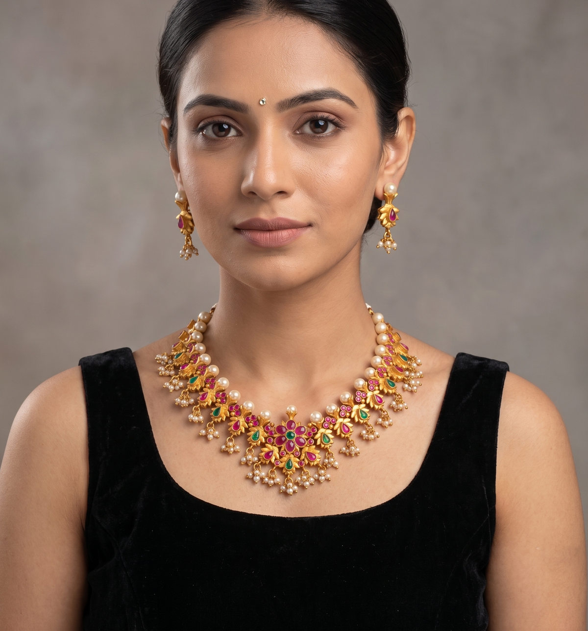 Gorgeous Matte Finish Ruby-emerald Flower Necklace Set -dj09865