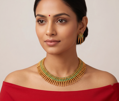 Matte Finish Emerald Kerala Style Necklace Set - DJ09884