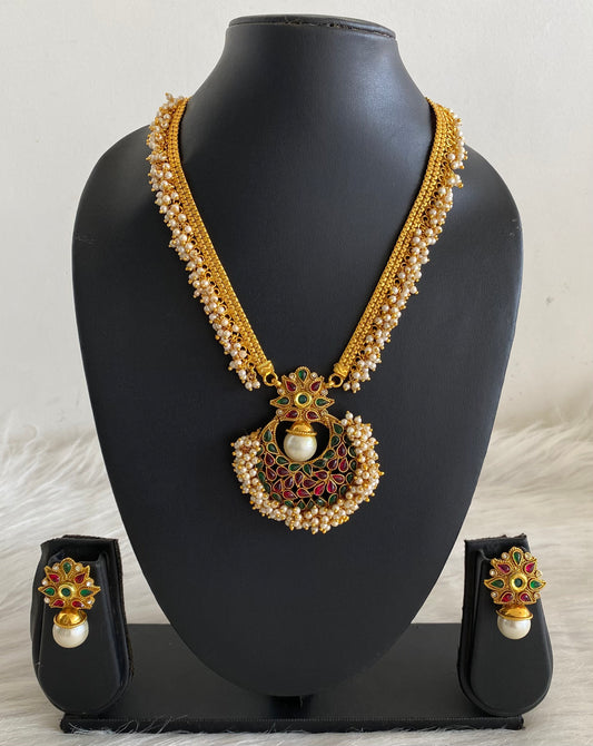 Antique gold tone Kemp-green Pearl Cluster Bali Necklace Set-dj09891