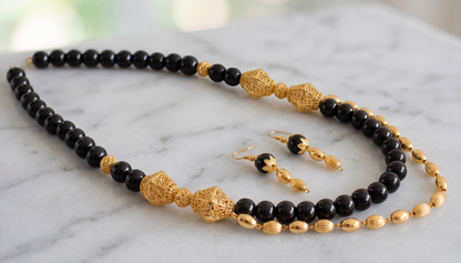 Antique gold tone Black beaded layer Necklace Set-dj09893