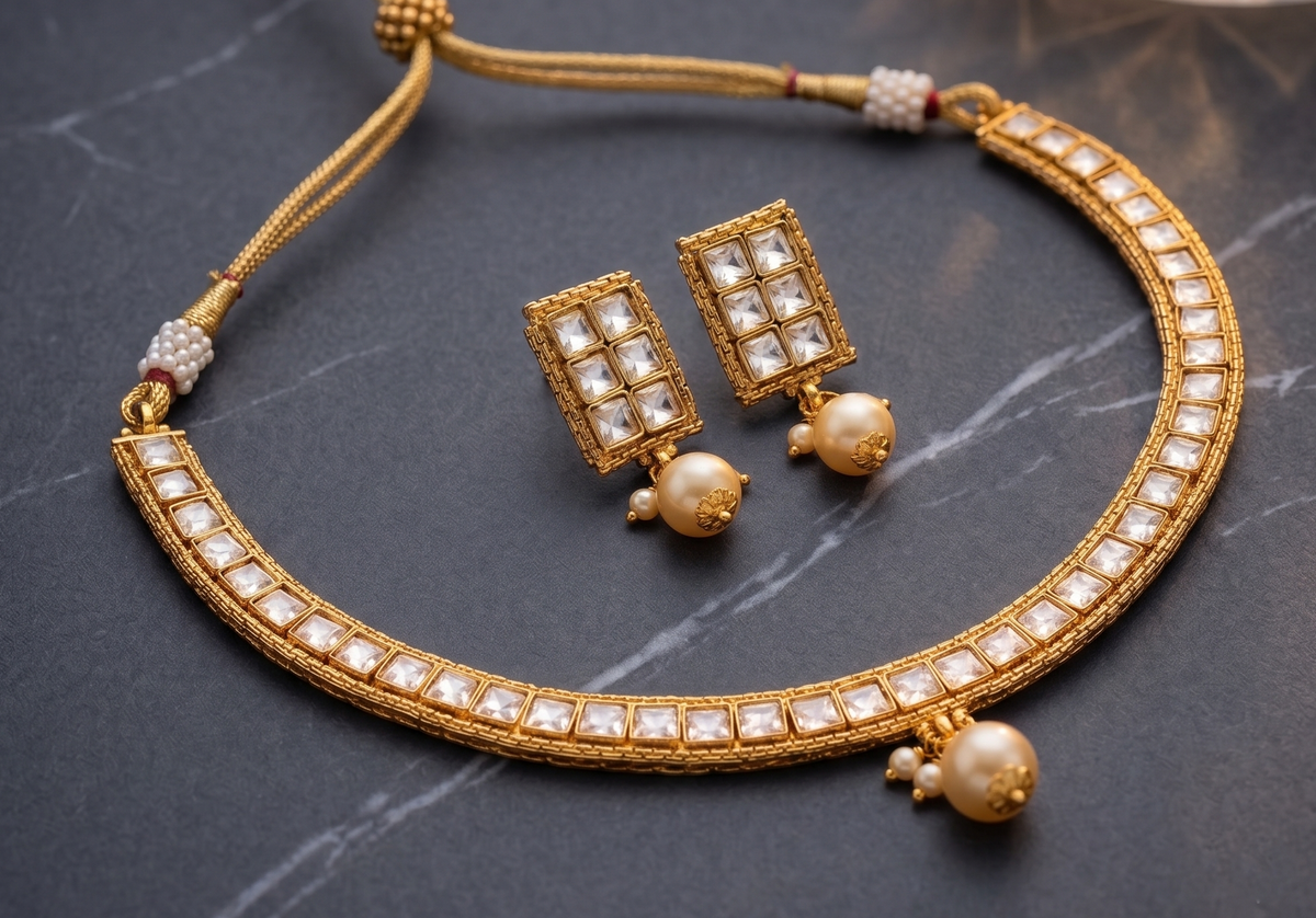 Gold tone Antique White Polki square stone Necklace Set-dj09894