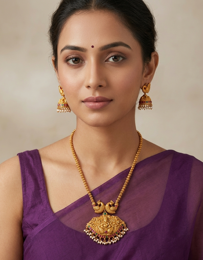Matte Finish Ruby-emerald Ganesha Necklace Set-dj09896
