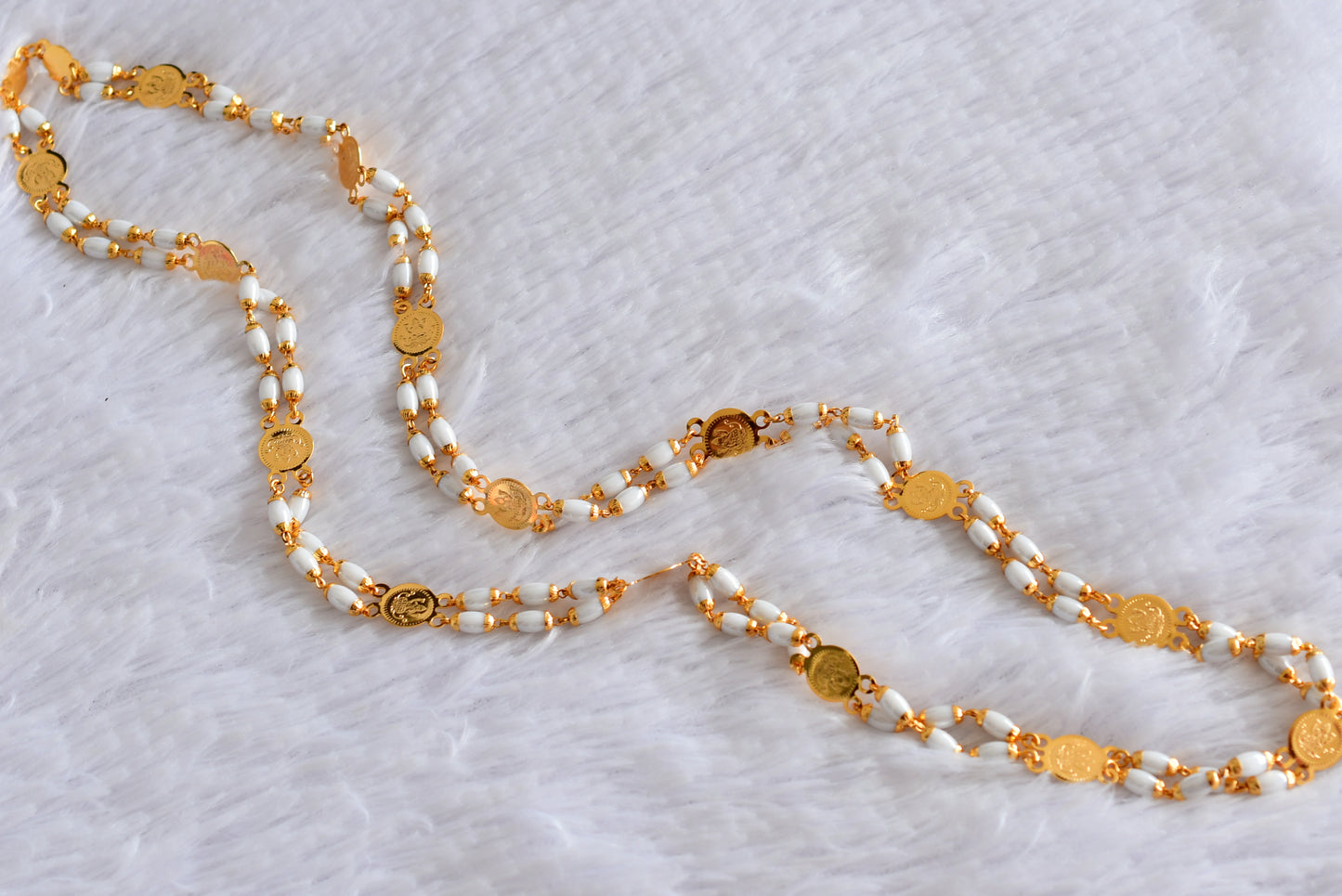 Gold tone 30 inches white beaded Lakshmi coin chain dj-51841