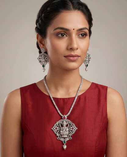 Silver Tone Pink-green Lakshmi Necklace Set-dj09914