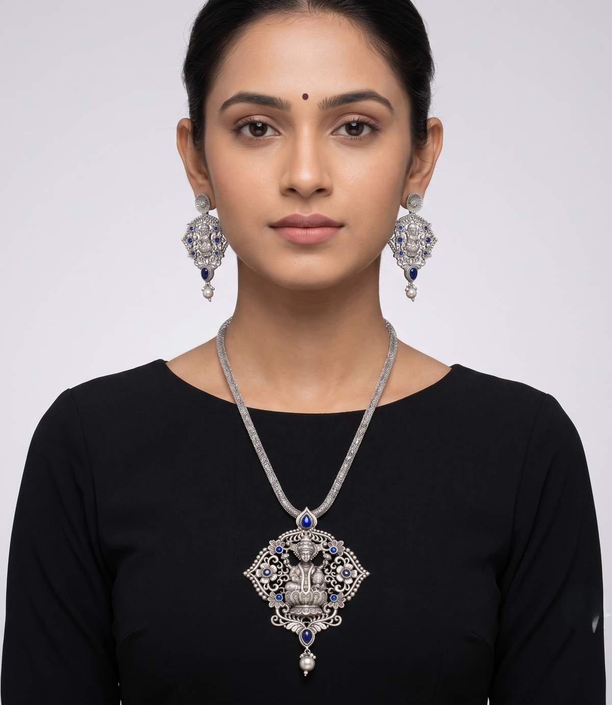 Silver Tone Blue Lakshmi Necklace Set-dj09916