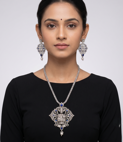Silver Tone Blue Lakshmi Necklace Set-dj09916