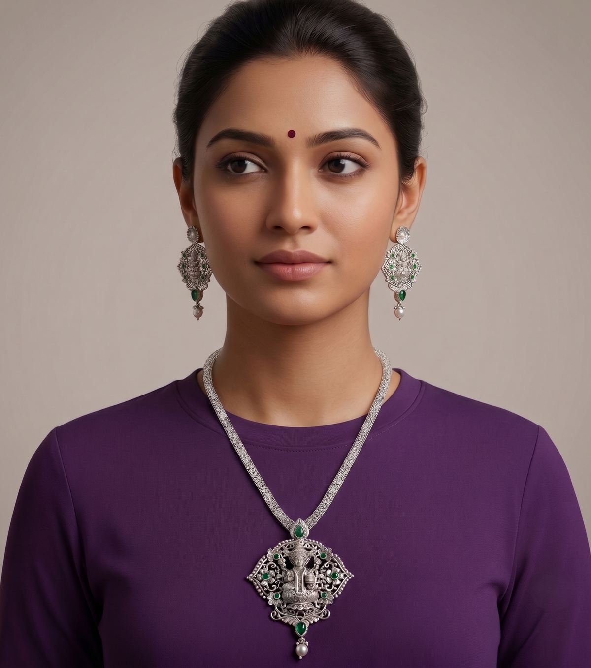 Silver Tone Green Lakshmi Necklace Set-dj09917