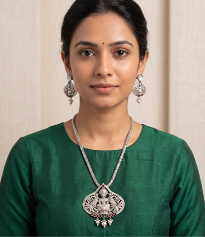 Silver Tone Pink-green Lakshmi Necklace Set-dj09918