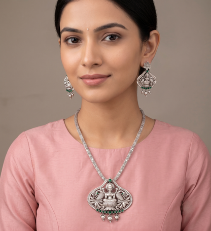 Silver Tone Green Lakshmi Necklace Set-dj09920