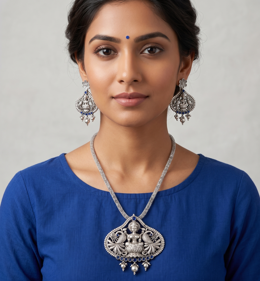Silver Tone Blue Lakshmi Necklace Set-dj09921