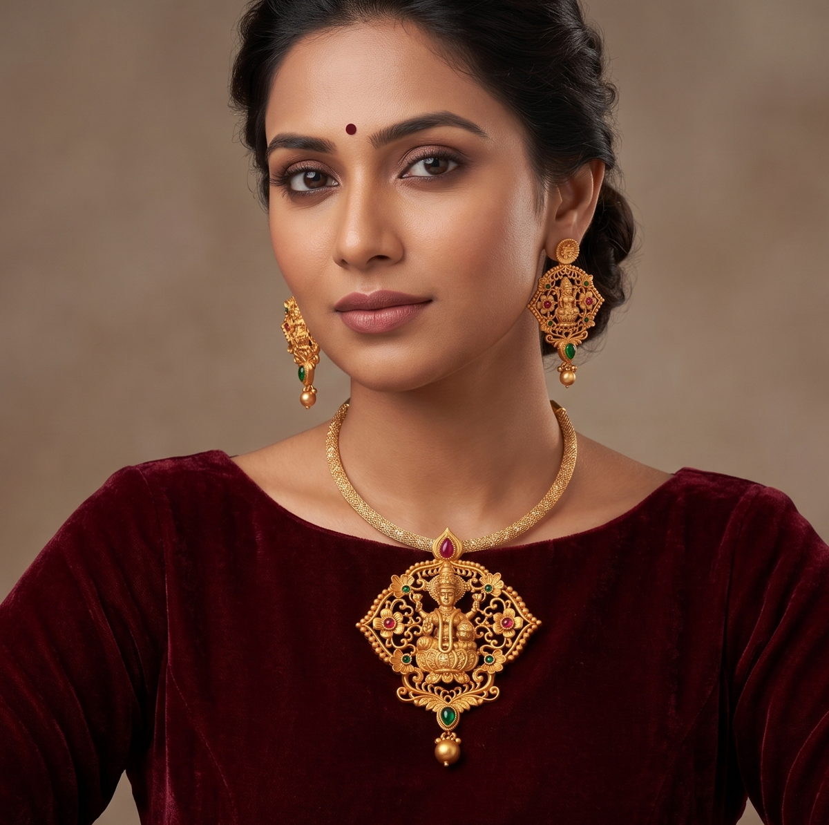 Matte Finish Pink-green Lakshmi Necklace Set dj-09923