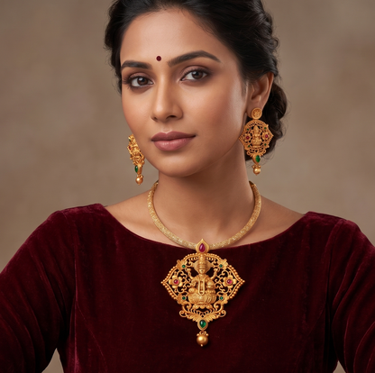 Matte Finish Pink-green Lakshmi Necklace Set dj-09923