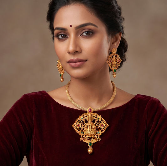 Matte Finish Pink-green Lakshmi Necklace Set dj-09923