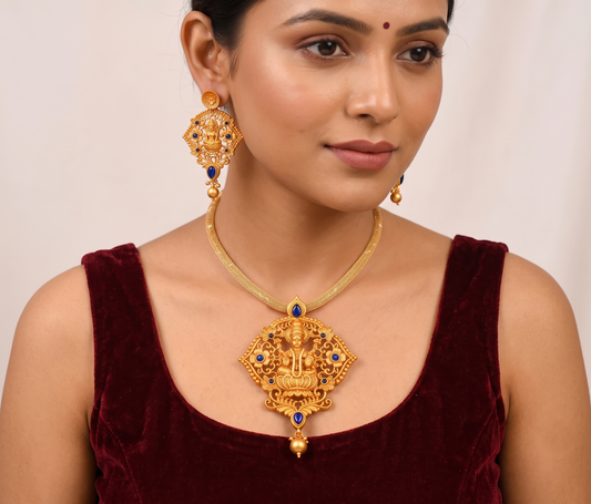 Matte Finish Blue Lakshmi Necklace Set dj-09925
