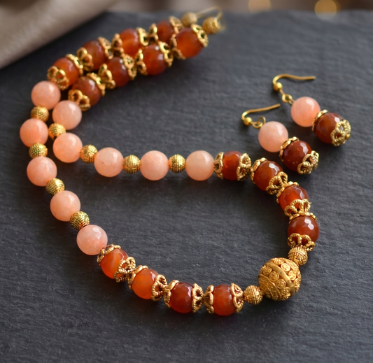 Antique gold tone brown-peach Beaded necklace set-dj-09932