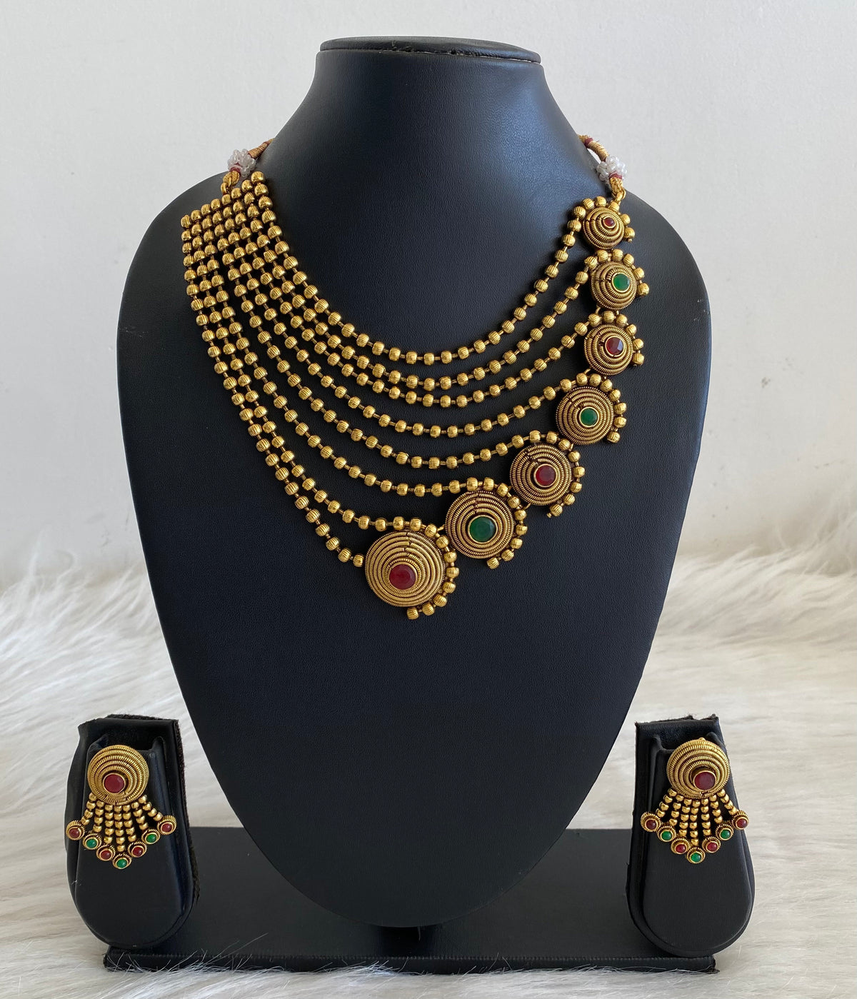 Antique gold tone Ruby-emerald Multi Layer Necklace Set-dj09937