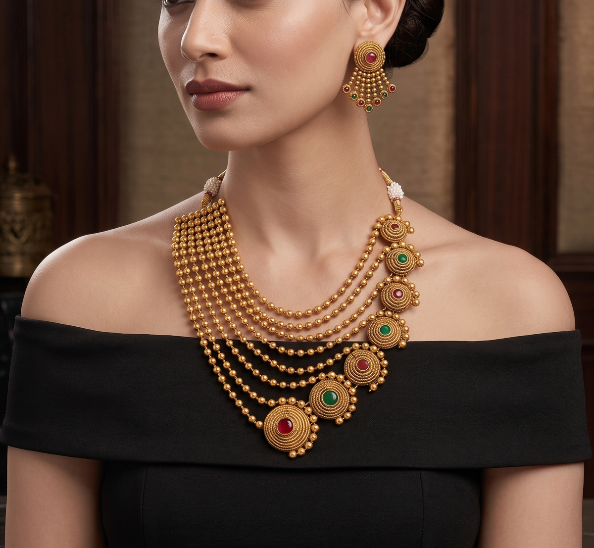 Antique gold tone Ruby-emerald Multi Layer Necklace Set-dj09937