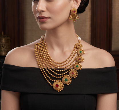 Antique gold tone Ruby-emerald Multi Layer Necklace Set-dj09937