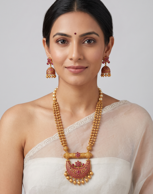 Matte Finish Ruby Moon Pendant Royal Necklace Set dj-09944