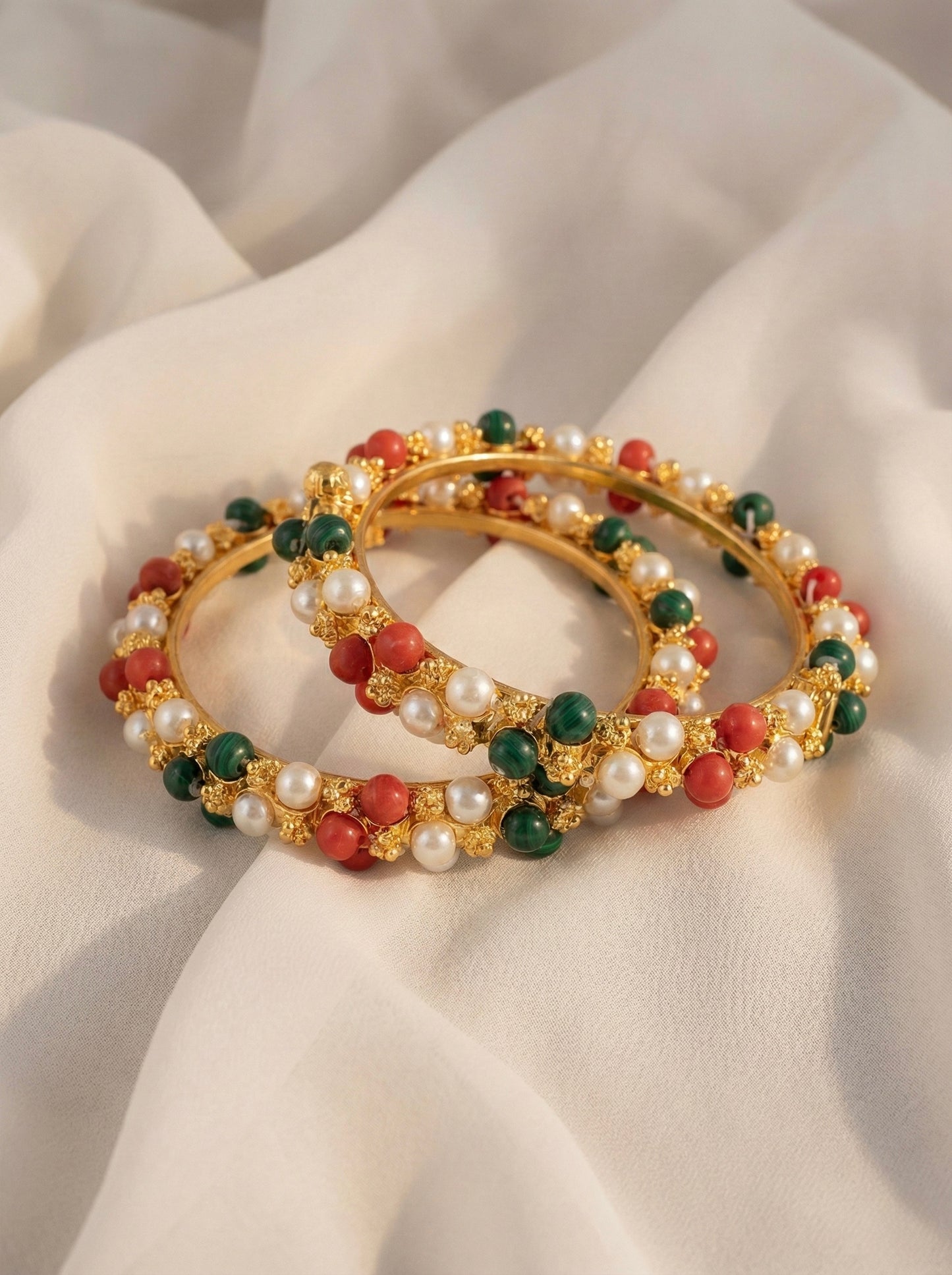 Gold tone pearl-green-coral beaded Bangles(2.4) DJ23672