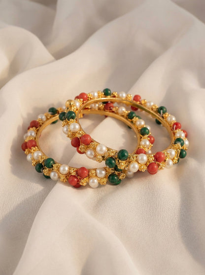 Gold tone pearl-green-coral beaded Bangles(2.4) DJ23672