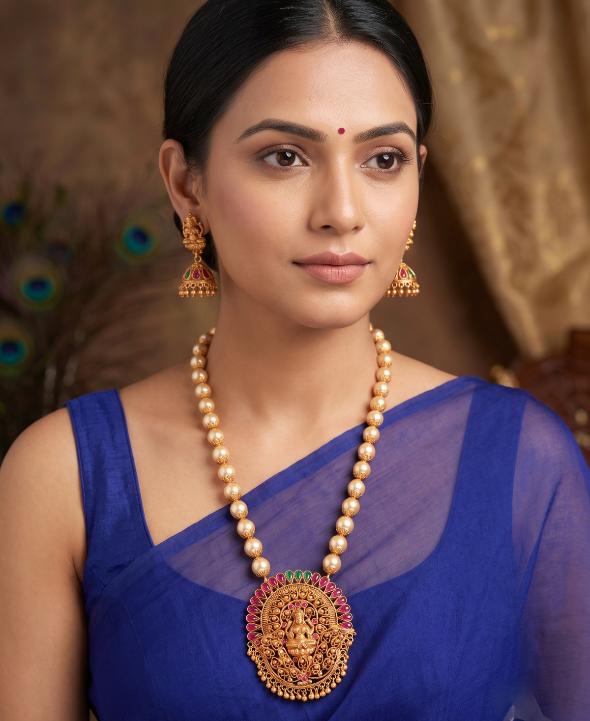 Matte finish ruby-emerald-pearl beaded lakshmi necklace set dj-09957