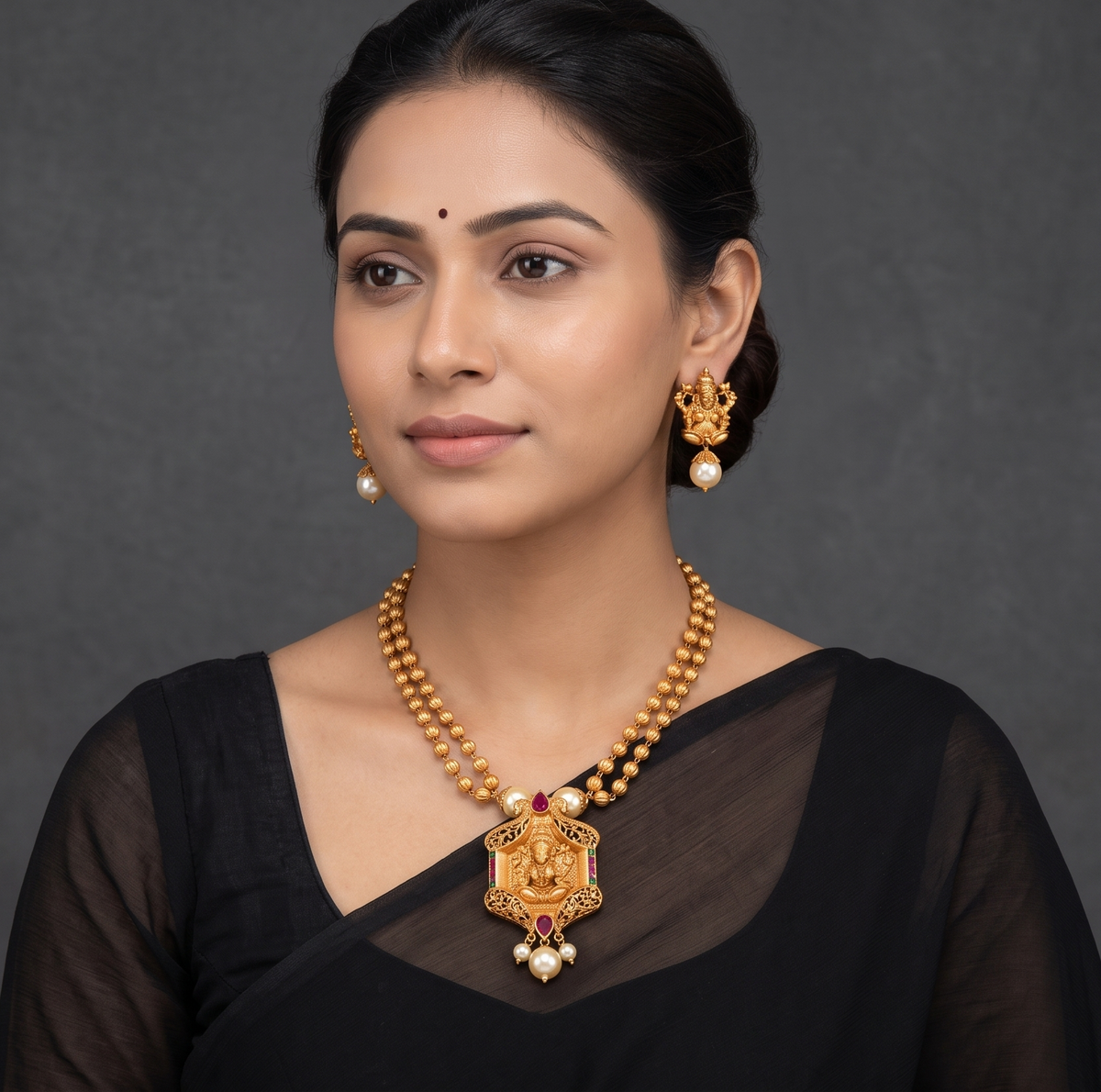 Matte Finish Ruby-emerald pearl Lakshmi Necklace Set dj-09958