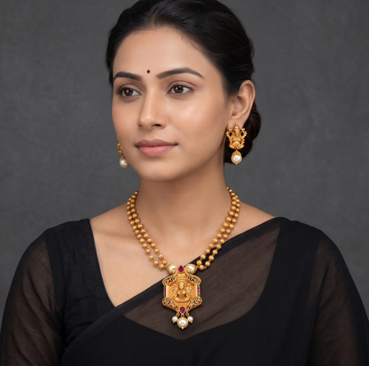 Matte Finish Ruby-emerald pearl Lakshmi Necklace Set dj-09958