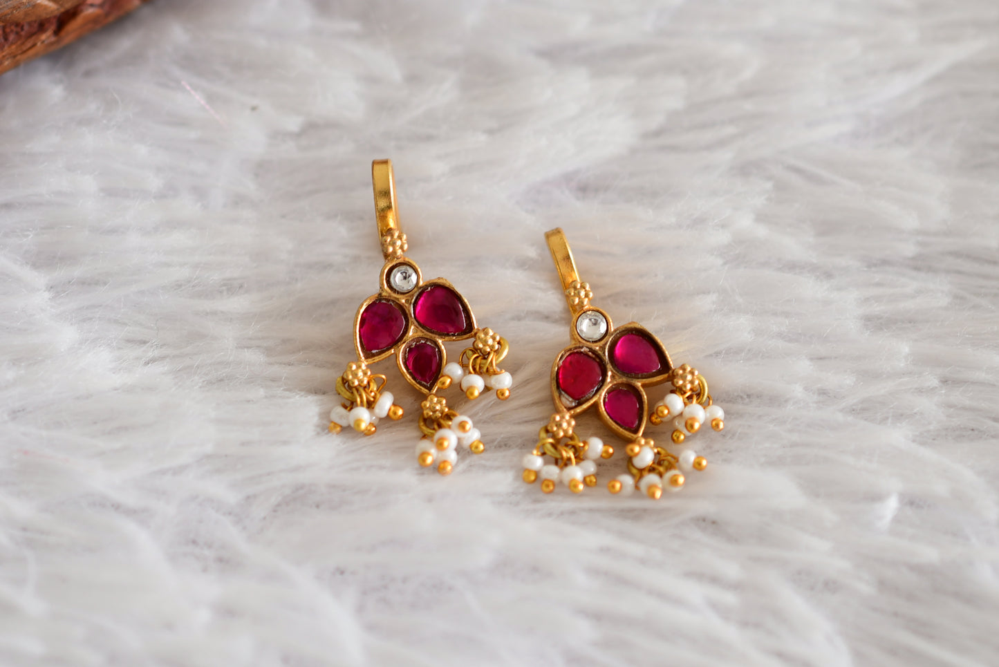 Gold tone pink-white kundan jadau bugadi earrings dj-52490