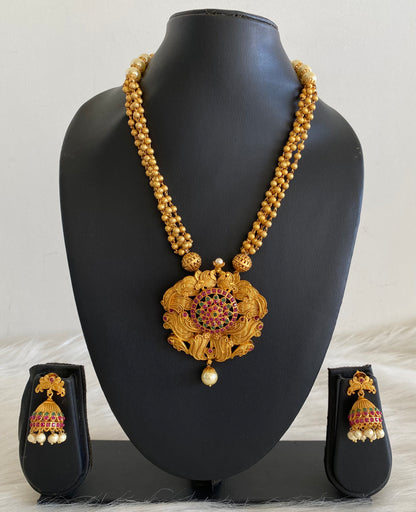 Matte Finish Ruby-emerald-pearl Peacock Necklace Set dj-09970