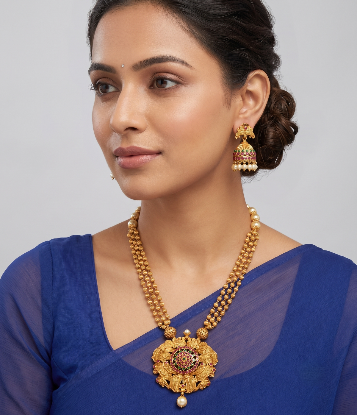 Matte Finish Ruby-emerald-pearl Peacock Necklace Set dj-09970