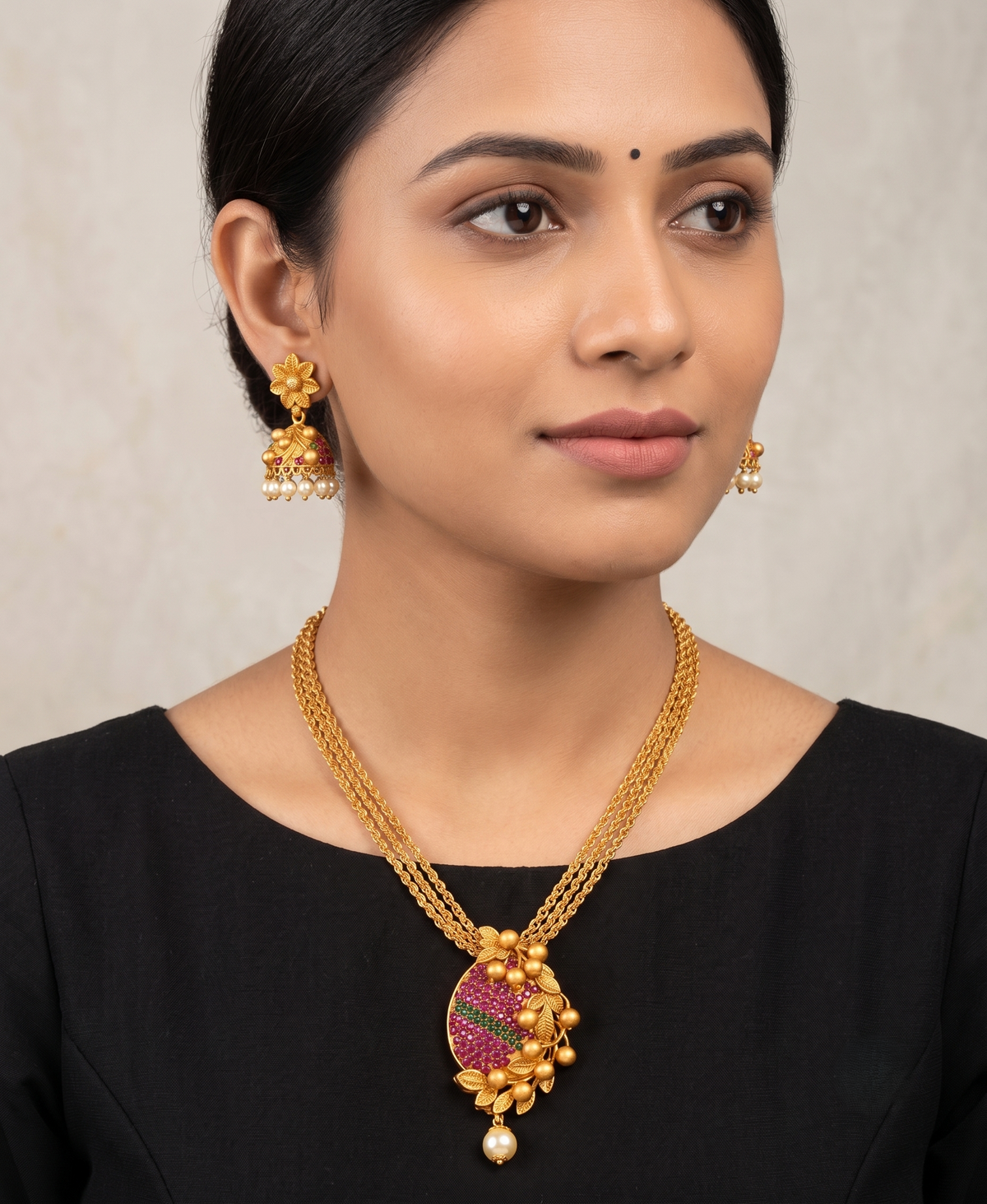 Matte Finish Ruby-emerald Designer Necklace Set dj-09971