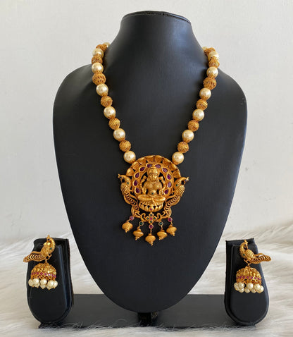 Matte finish ruby-emerald-pearl beaded Lakshmi necklace set dj-09976