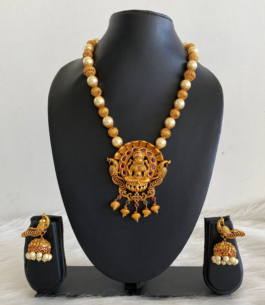 Matte finish ruby-emerald-pearl beaded Lakshmi necklace set dj-09976