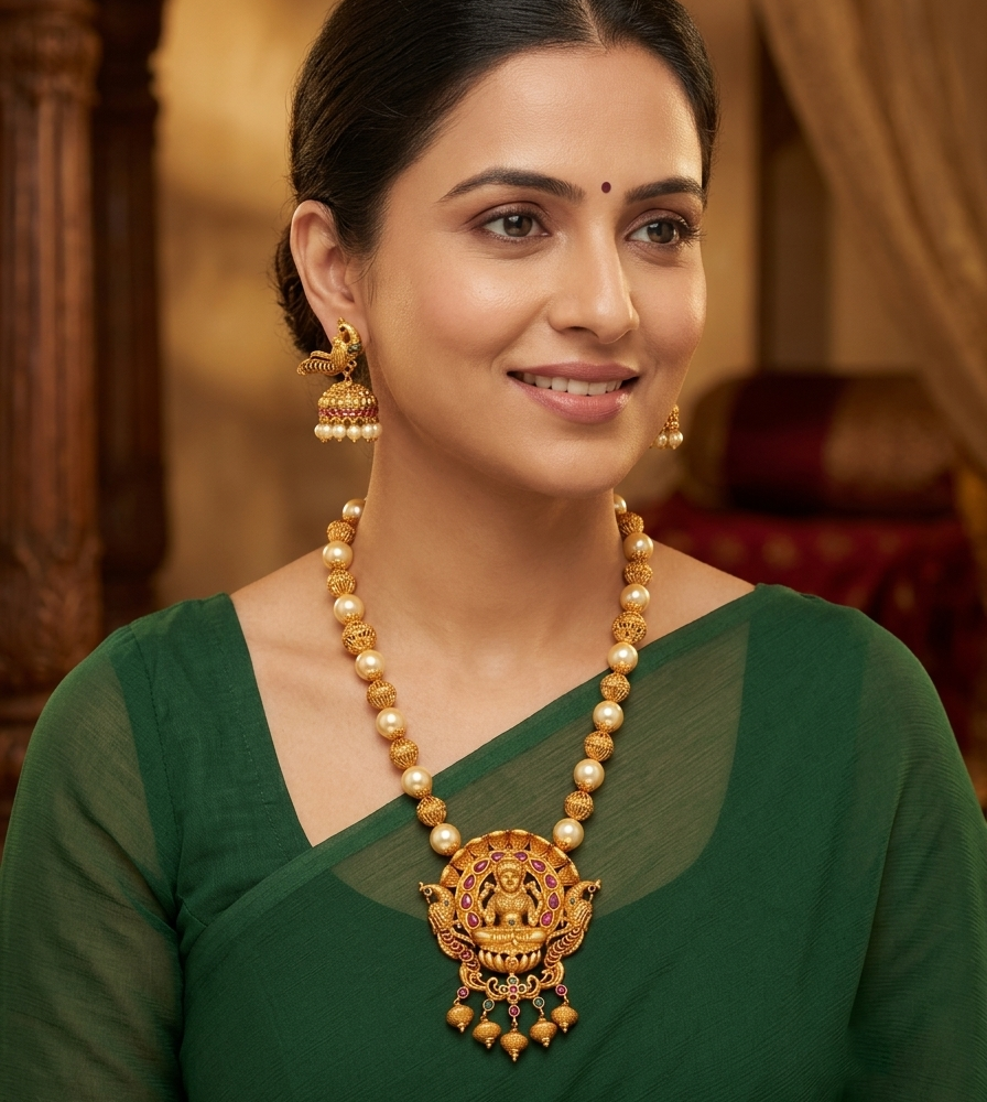 Matte finish ruby-emerald-pearl beaded Lakshmi necklace set dj-09976